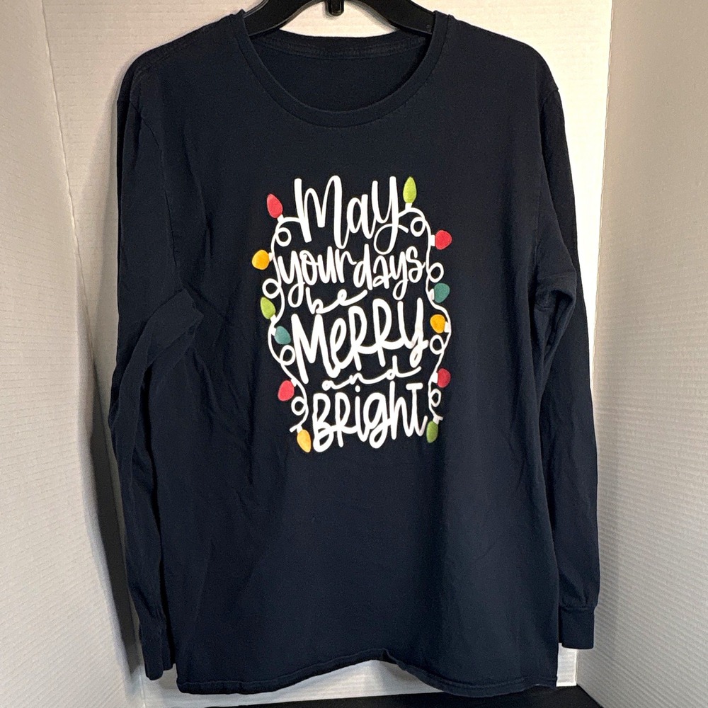 Men's Black XL Long Sleeve Crew Neck Graphic T-Shirt Screen Print Holiday